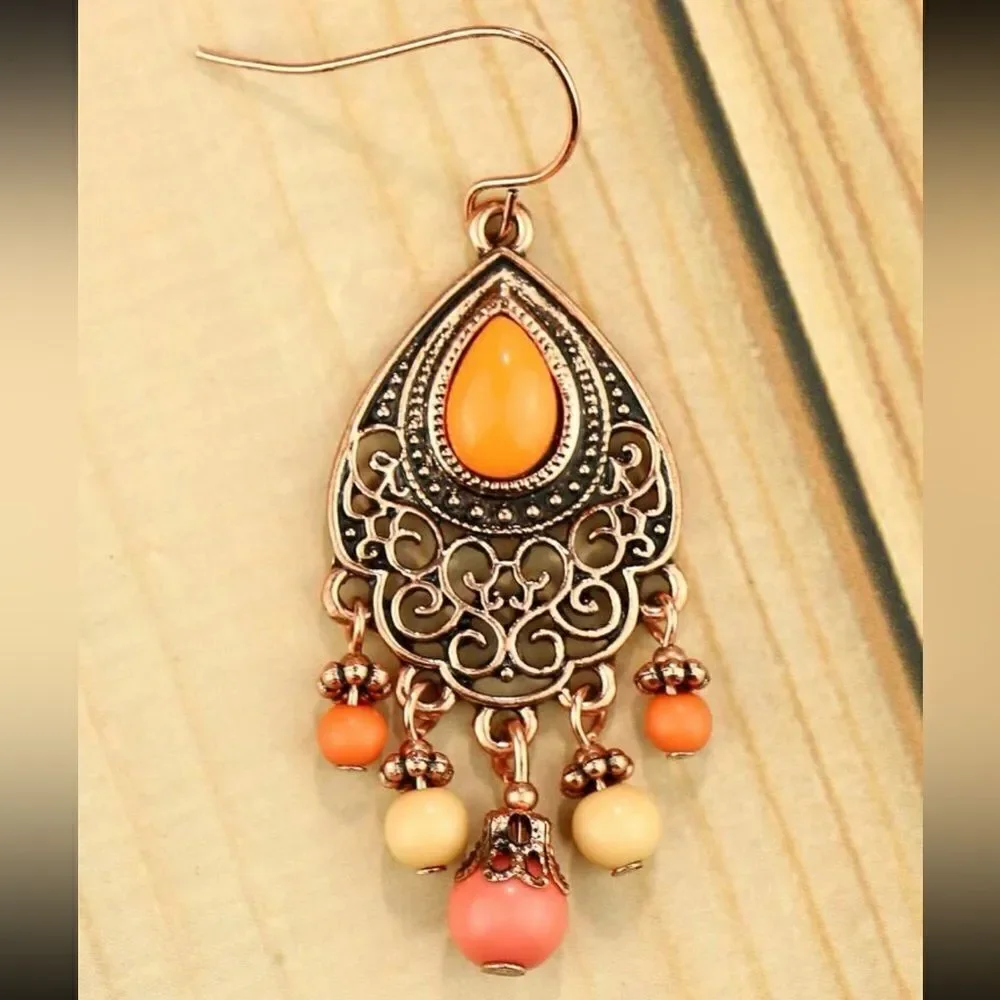 Zinc Alloy Vintage Bead Tassel Drop Earrings fall vibes autumn colors‎